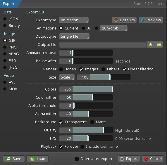 Spine 3.7 エクスポート